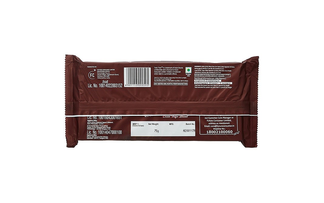 Tasty Treat Cream Wafer Biscuit Chocolate Flavoured   Pack  75 grams